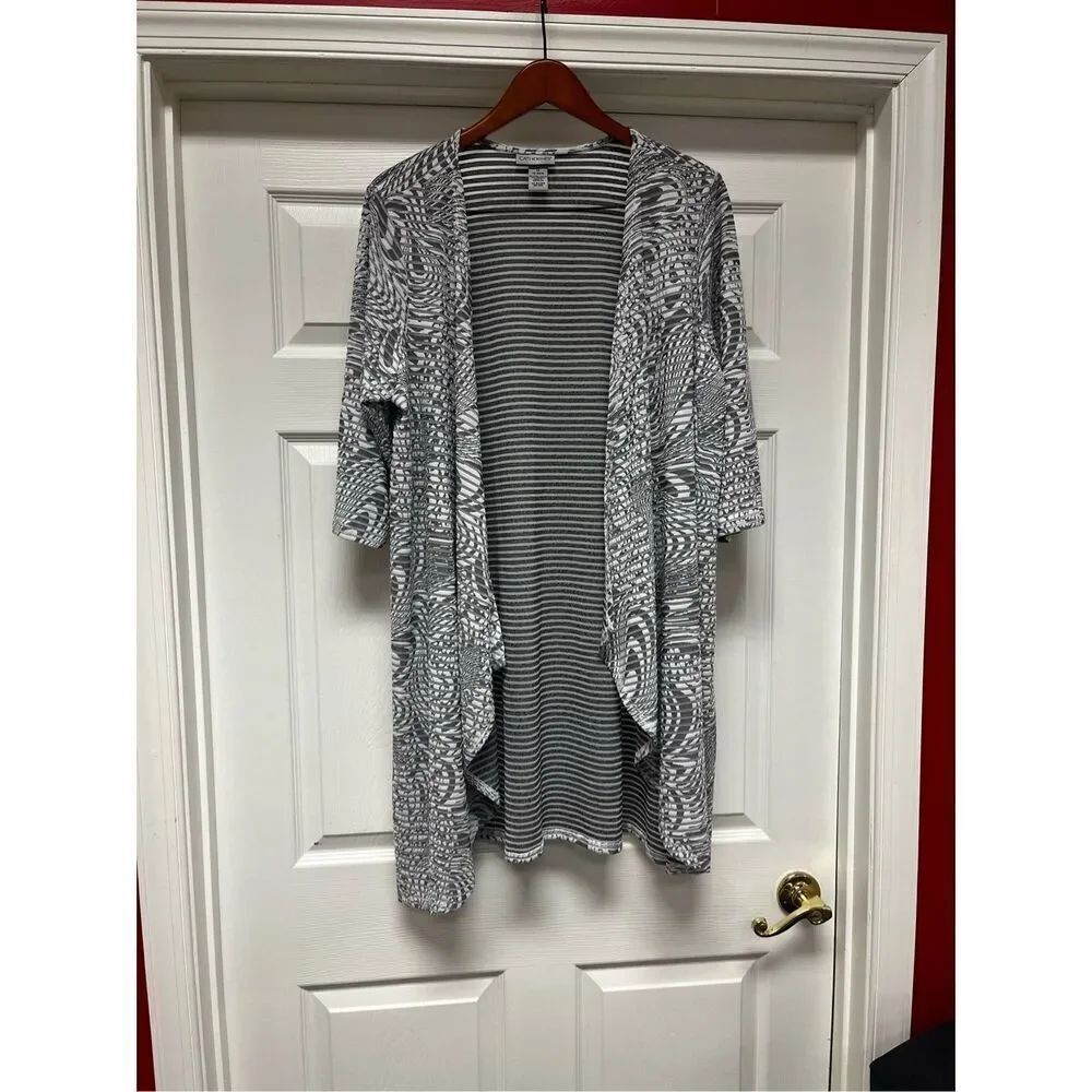 Catherine’s White & Black Mesh Stripe Open Front Cardigan Duster sz 1X 18-20 EUC